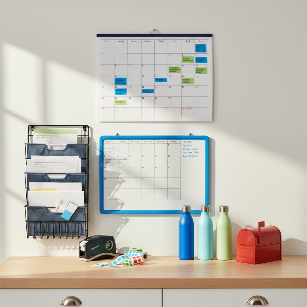 Jenna Hartwell's family command center wall with a color-coded calendar, clipboards and a backpack station